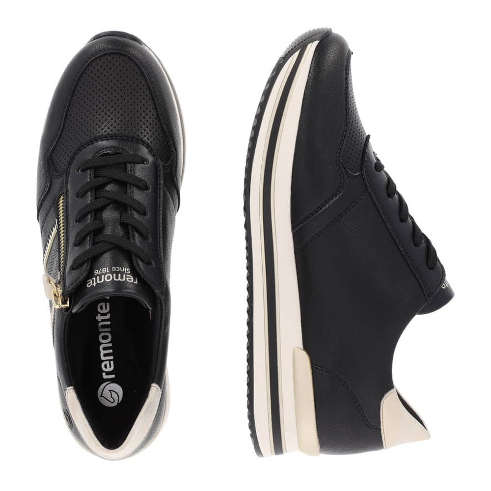 Remonte Damen Sneaker schwarz gold Paar, eins von oben, eins seitlich 